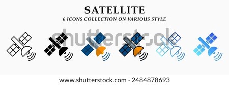 Satellite icons collection. 6 Various styles. Lineal, solid Black, flat, lineal color and gradient. For sign, symbol, presentation, infographic or web graphics. Vector Illustration.