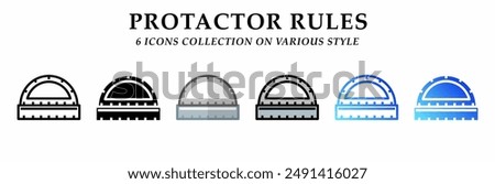 Protactor rules icons collection. 6 Various styles. Lineal, solid Black, flat, lineal color and gradient. For sign, symbol, presentation, infographic or web graphics. Vector Illustration.