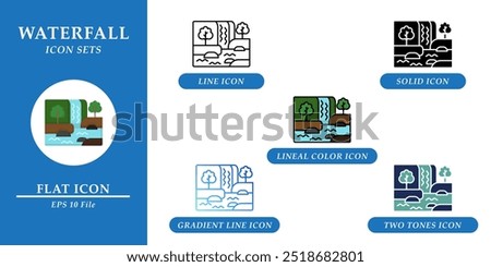 Waterfall icons sets. Nature environment concept. Various style icons on isolated background for web design, symbol, sign, presentation, and infographics. EPS 10. 