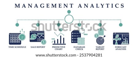 Management analytics web banner icons collection. Containing icon of time schedule, sale report, predictive chart, database check, target report and forecast analysis. 