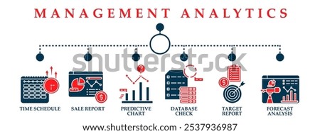 Management analytics web banner icons collection. Containing icon of time schedule, sale report, predictive chart, database check, target report and forecast analysis. Red and dark blue concept. 