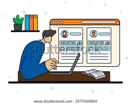 Administrator social media concept. Man using laptop to uploading social media content for her customers. Viral, promotion, feedback, like, comment, account, project status. 