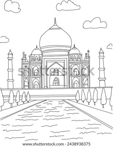 Agra, India - Taj Mahal line art drawing for kids and adults coloring book