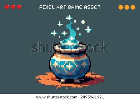 Pixel Art Magic Pot Wizard Video Game Asset Vector Isolated Background 2D Sprite Sheet Character Design Retro Vintage