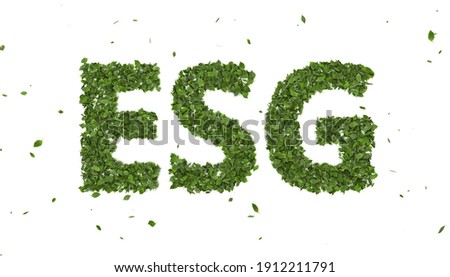 abstract 3D render leaves forming ESG text symbol on white background, creative eco environment investment fund, 2021 future green energy innovation business trend