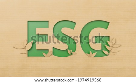 ESG cardboard text with decorated papercut plant growing inside background, new Eco friendly and recycle business trend concept, green energy future investment 3D illustration cutout