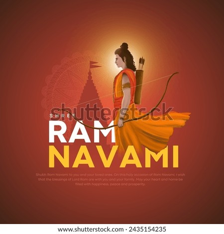 Vector illustration of Lord Rama with bow arrow with text Shree Ram Navami celebration background for religious holiday of India