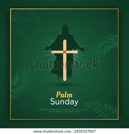Palm Sunday - greeting banner template for Christian holiday, with palm tree leaves background. Congratulations with first day in Holy Week and symbol of triumphal entry into Jerusalem