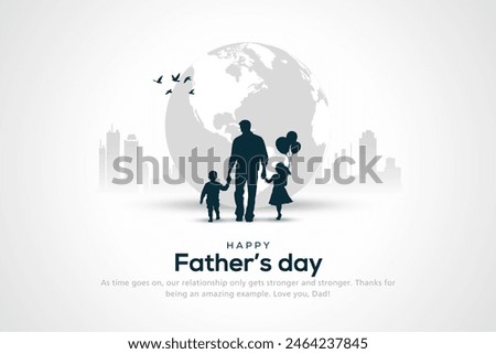 Fathers Day card with cute watercolor illustration of dad with son and daughter with balloon and walking together, modern typography, holiday wishes. Father's Day templates