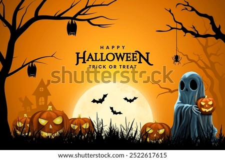 Happy Halloween day poster or banner vector template. Halloween big moon, pumpkin ghost, wizard hat, cute ghost, cartoon skull, spider web and realistic 3d design plastic style halloween elements.