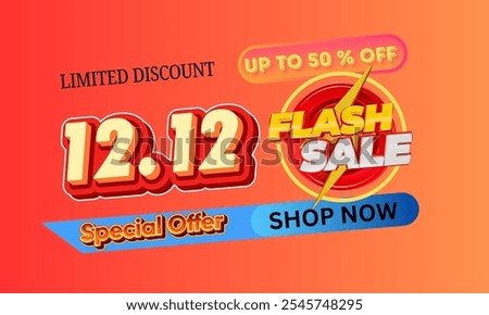 Bright and vibrant digital banner promoting a 12.12 flash sale with limited discount, offering up to 50% off, and encouraging shoppers to 