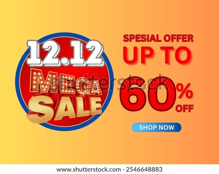 Bright and bold 12.12 mega sale advertisement highlighting a special offer of up to 60% off. Perfect for attracting customers to shop now with a visually striking design.