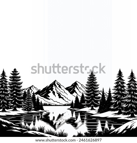 Wild natural landscape with mountains, lake, rocks. Hand drawn illustration converted to vector. Great for travel ads, brochures, labels, flyer decor, apparel.

