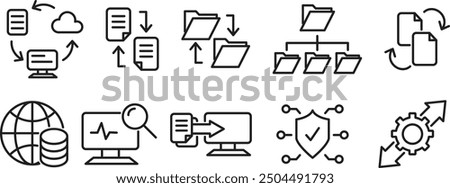 Set of line icons related to data exchange, traffic, files, cloud, servers. Outline icon set. Set the data analytics icon. Vector illustration