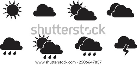 Collection of weather vector icons. Weather icon isolated on white background. Contains sun, cloud, rain, summer, spring, cloudy season and thunder weather. Climate symbol. Vector illustration