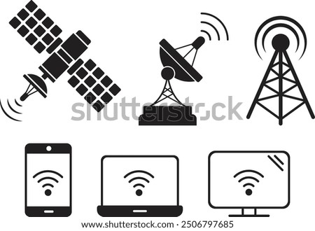 Collection of wireless satellite technology vector icons. Antenna, satellite and satellite dish icons on white background. Vector illustration