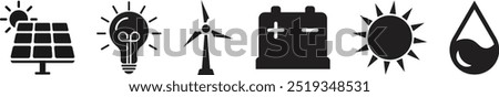 Set of green energy vector icons. Renewable energy icon, green technology. Simple symbol of environmental sustainability. Vector illustration