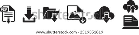 Collection of download icons. Software download icon. Set of web icons. File Transfer Symbol. Icons for downloading PDF files, download files, gallery files and others. Vector illustration