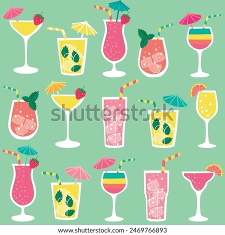 Bright Summer Cocktails in Green Background