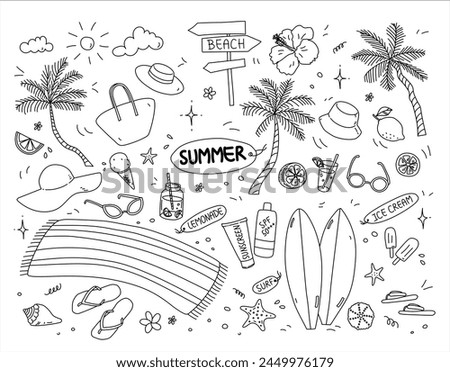 Hand-drawn summer set of doodle style illustrations. Vector doodle style icons on white background. 