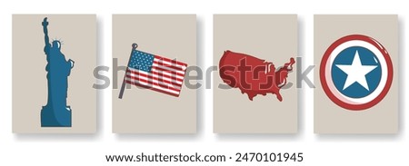 Bundling of statue of Liberty, flag, American continent, fireworks, and Captain America's shield illustration, on the Independence Day. It can be used for wrapping paper, gift wrapping, textiles, etc.