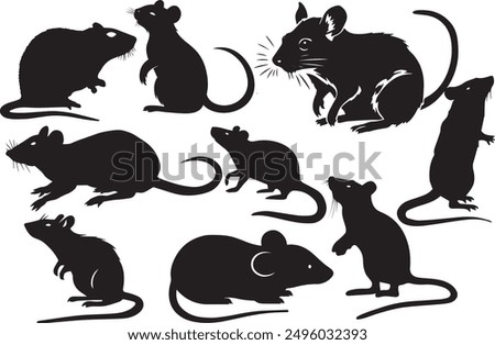 Set of Mouse Vector Silhouette icon. Isolated vector black silhouette of galloping, jumping running, trotting, rearing rat on white background. collection of Side view.