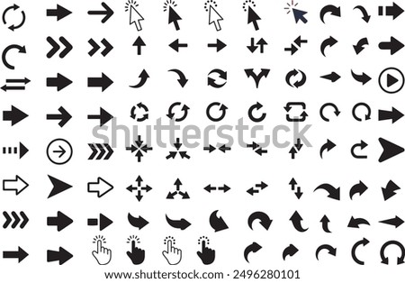 Arrow icon and click set. Containing cursor arrow, change, transfer, switch, swap, exchange, up, down and refresh symbol icons. Solid icon collection.