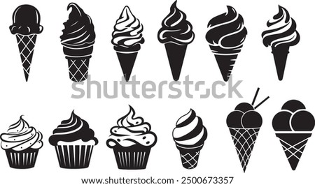 set of doodle with different ice cream types: ice cream waffle cone, cup ice cream