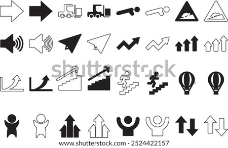 Vector and outline icon set - right arrow vector, fork loader, push ups, climb road sign, volume max, paper plane, growth, arrows up, career, air balloon, success, down, Solid, white background