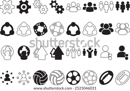 Solid Vector and outline icon set  - gear vector, group, social, friends, community, man globe, arrow up, team leader, winner, star, volleyball, soccer ball, football, white background