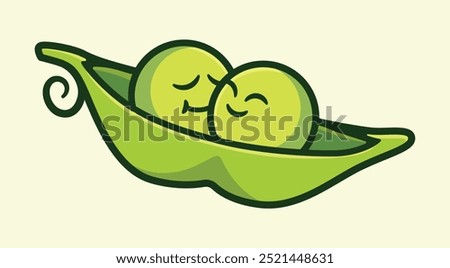 Cartoon Vector Illustration of Two Adorable Green Peas Nestled Together in a Pod, Symbolizing Love and Friendship