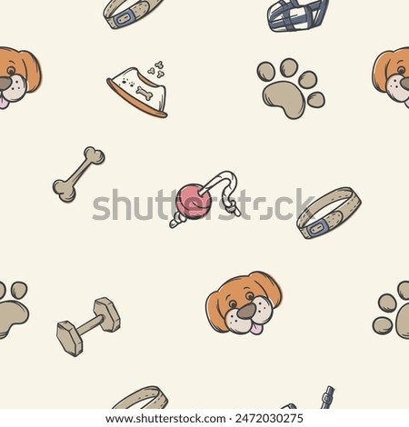 Seamless pattern with items for taking care of a dog. Editable vector background for veterinary services, pet store