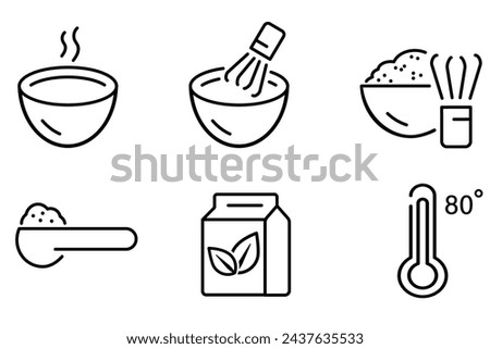 Matcha cooking icon set. Matcha package, powder spoon, cup with whisk, temperature 80 C icons. Japanese bamboo bowl vector outline illustration.