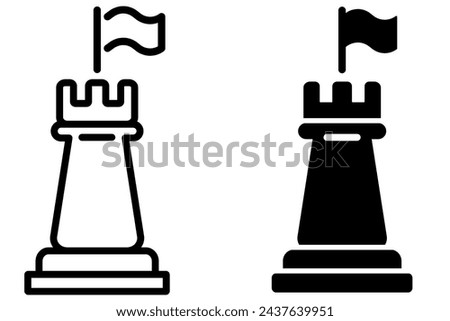 Chess tower with flag icon. Strategy of defense pictogram. Chess piece, castle, rook symbol. Business strategy concept sign. Guarded, protected, secure notification filled and outline signs.