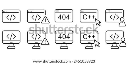 Coding, programming, c plus plus and error 404 icons set. Computer with code on screen, desktop with arrow pointer outline symbols.