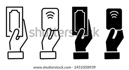 Set of filled and outline icons of payment methods. Credit card processing, hand holding debit-credit card and cash and receipt.