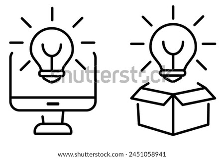 Idea of online start up outline thin vector symbol. Lamp takes off from computer and box icon.
