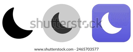 Dark mode icon. Night mode vector button. Moon symbol in black, grey and violet color. Half moon app sign.