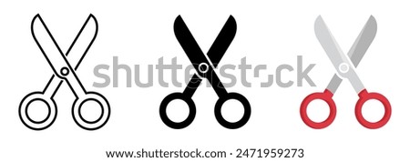 Open scissors icon set. Red scissors symbol. Black filled cut tool sign. Outline shear illustration.