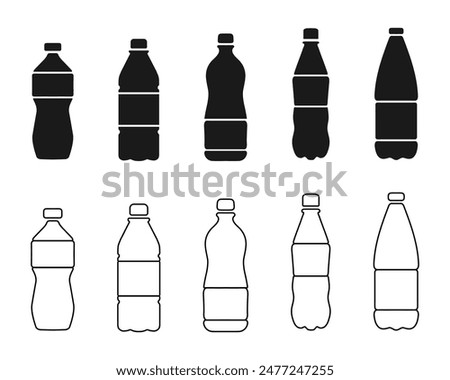 Plastic bottle icon set.Black water bottles type illustration. Outline bottle symbol