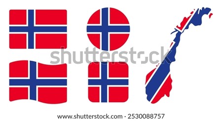 Norway flag symbols set. Blue cross on red background . Round, square, waving rectangle and Norwegian map shape vector banner. Oslo symbol. Scandinavia icon.