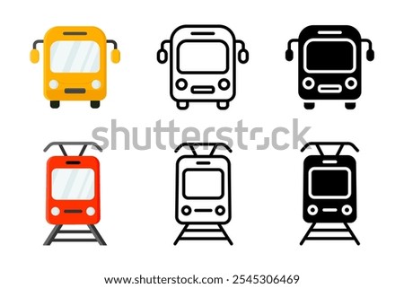 Bus and train icon. Yellow bus illustration. Public transport sign. Travel and trip symbol. Train and railroad pictogram.