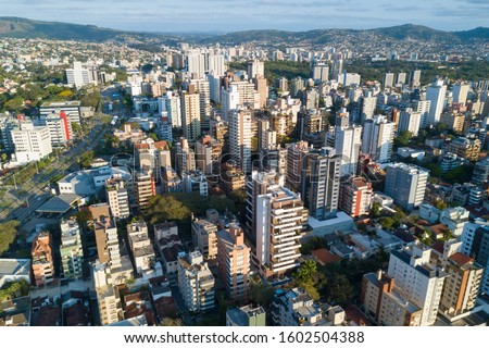 Drone view of Porto Alegre, RS, Brazil. Afternoon view over Petropolis, an upper class area with residential and commercial buildings. Aerial photo of the biggest city in the South of Brazil. Foto stock © 