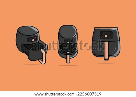 Set of Kitchen Air Fryer vector illustration. Kitchen interior working tool icon concept. Modern kitchen air fryer side, up and front view vector design with shadow isolated on orange background.