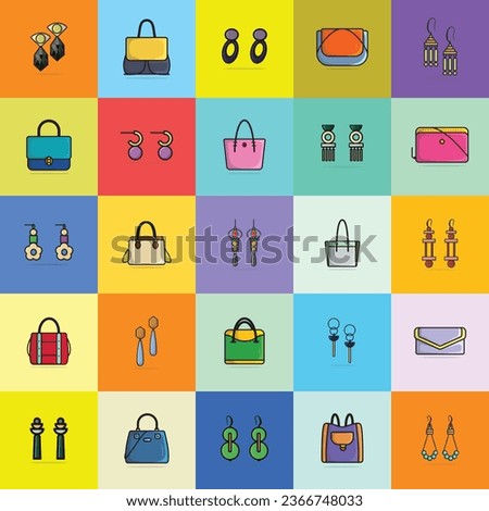 Collection of Women Fashion Clutch Leather Purses and Trendy Colorful Earrings jewelry vector illustration. Beauty fashion object icon concept. Set of women fashion design accessories vector design.