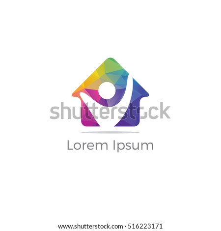 Polygonal Happy home real estate construction building company vector logo icon, Low poly people home, apartment for students, hostel logo