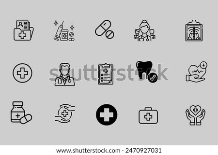 Medical rx line icons. Hospital assistance, Ambulance, Health food diet, Laboratory tubes icons. First aid kit, Medical doctor, Prescription Rx recipe. Drop counter, Ambulance emergency car. Vector