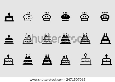 Cake dessert icons set. Sign kit of sweet food. Birthday party pictograms of cupcake design, candle decoration, strawberry cream. Simple delicious black symbol isolated on white. Vector Icon shape
