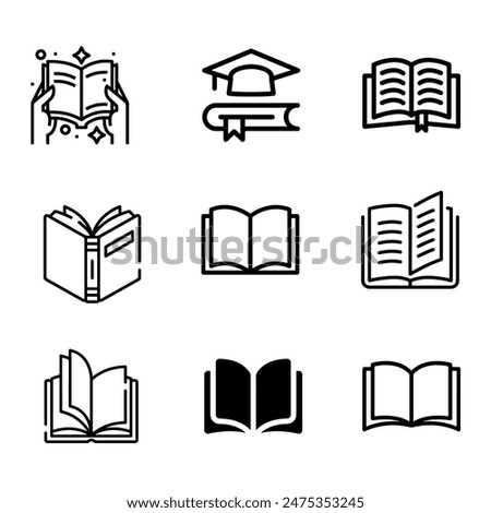 Books open, closed black icons set on white. Literature, publishing house, library pictograms collection. Reading festival, club logos. Writing competition vector for infographic, web. Top, side view.