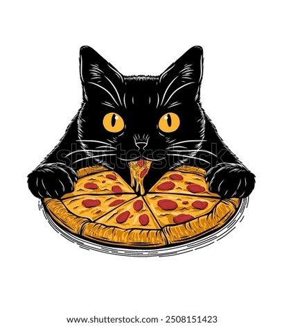 A black cat with sharp yellow eyes eagerly munches on a slice of pizza, its paws gripping the cheesy slice.